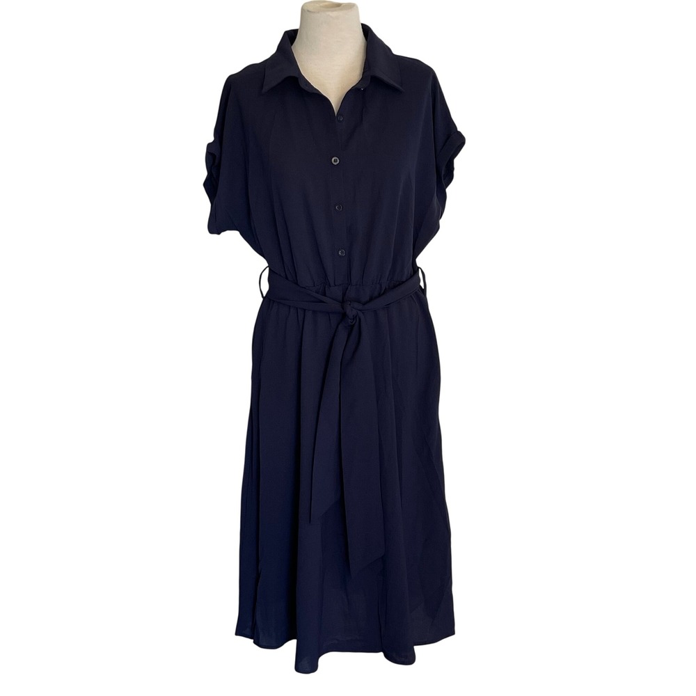 NWT ECOWISH Navy Blue Belted Shirt Dress Midi Short Sleeve Collared Button Up